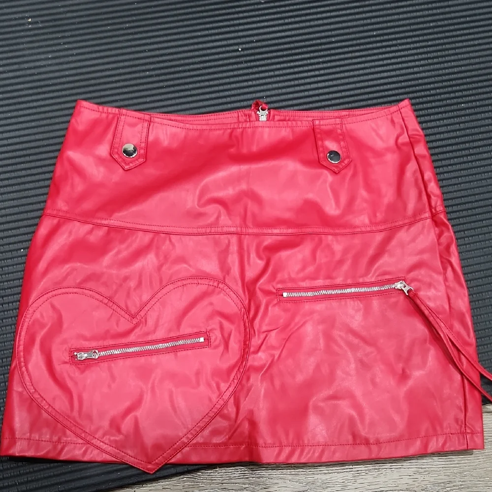 Red Faux Leather Mini Skirt with Heart Detail